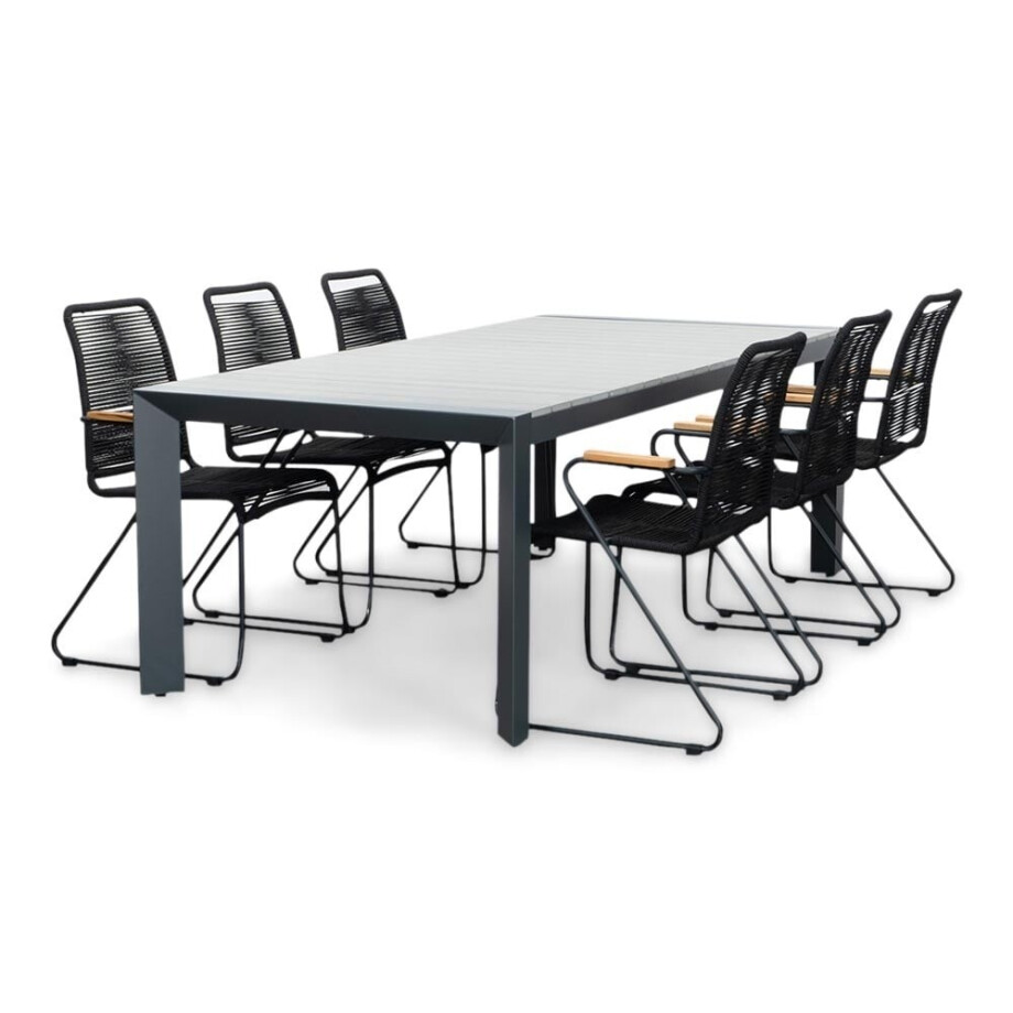 Cortona Grey/Gladys zwart dining tuinset | 6 personen | polywood + touw | 220cm afbeelding 1