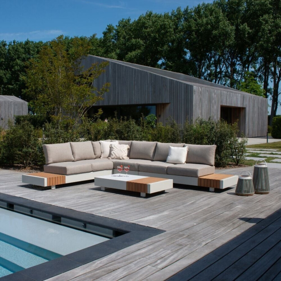 Verona hoek loungeset met all weather kussens 6 personen | aluminium + teakhout | beige | 4-delig - 339x269cm afbeelding 1
