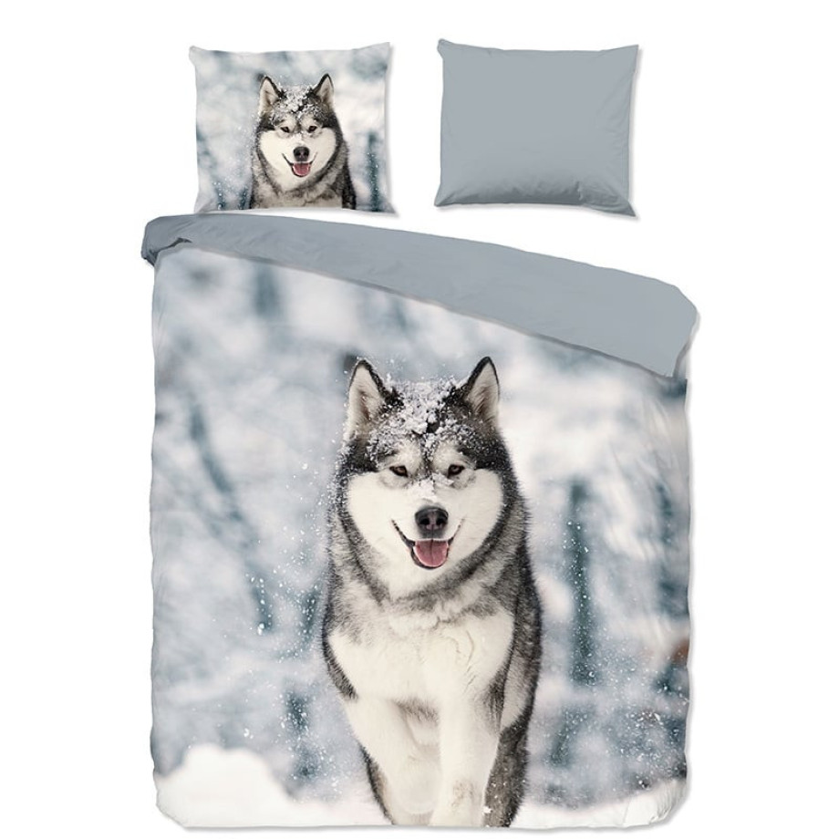 Flanellen Dekbedovertrek Husky - Tweepersoons (200x200 cm) - Meerkleurig Katoen - Dessin: Dieren, Natuur - Good Morning - Dekbed-Discounter.nl afbeelding 1