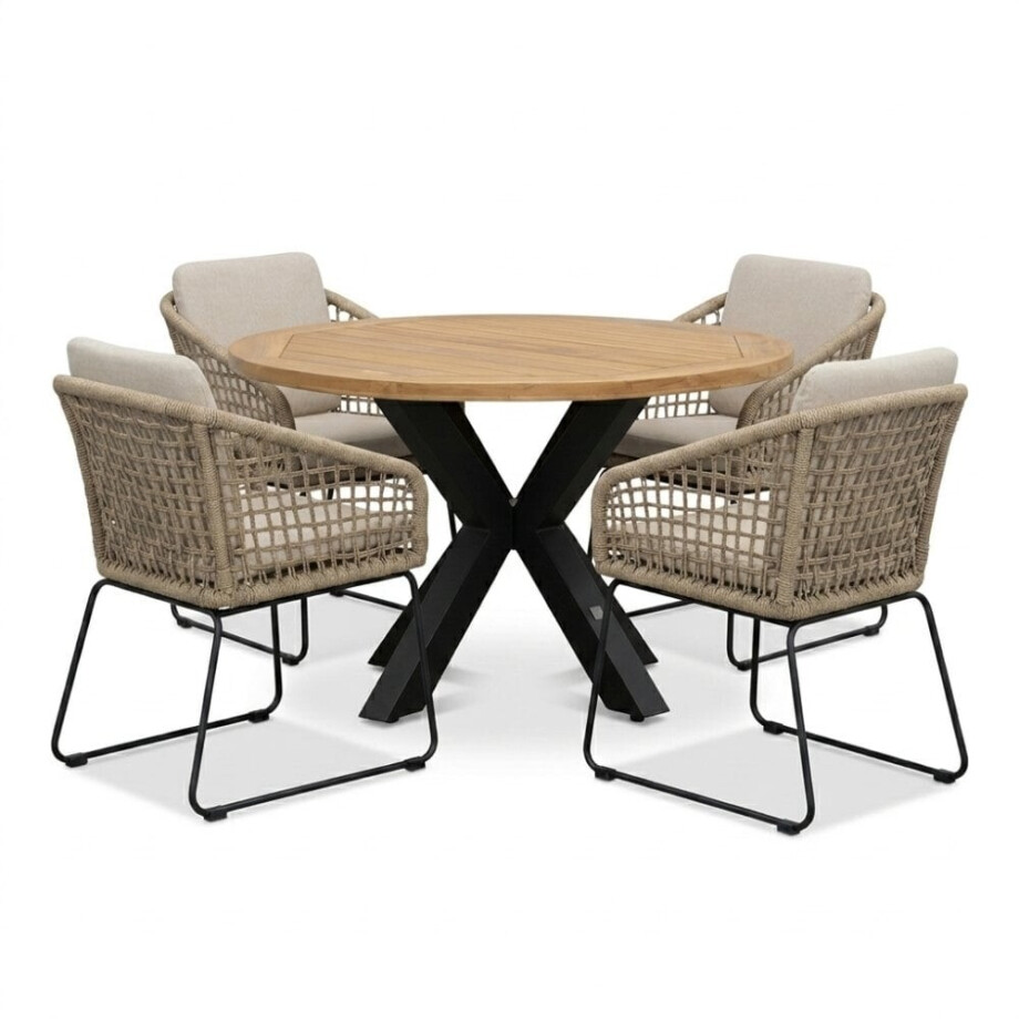 Cleve antraciet/Tulum Sahara Dust dining tuinset | 4 personen | teakhout + touw | 120cm rond afbeelding 1