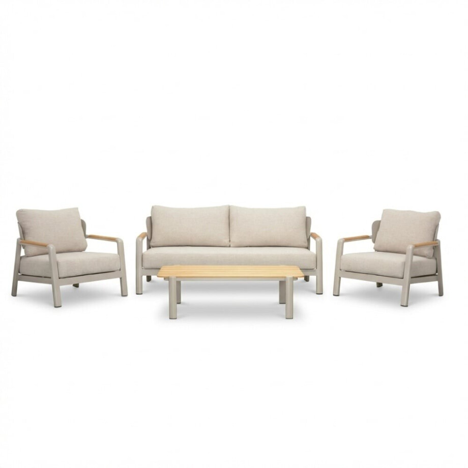 Marbella stoel-bank loungeset 4 personen | aluminium + teak | beige | 4-delig afbeelding 1