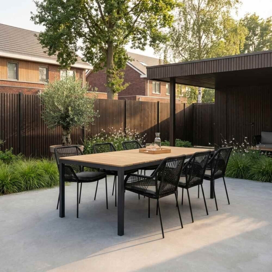 Delta/Seville zwart dining tuinset | 6 personen | teakhout + touw | 220cm afbeelding 1