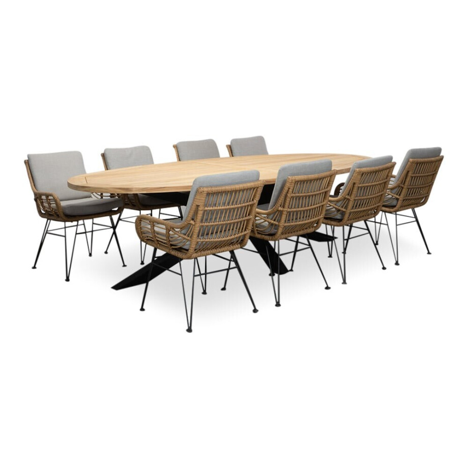 Cleve/Carlos taupe dining tuinset | 8 personen | teakhout + wicker | 280cm ovaal Cleve/Carlos taupe dining tuinset | 8 personen | teakhout + wicker | 280cm ovaal afbeelding 1