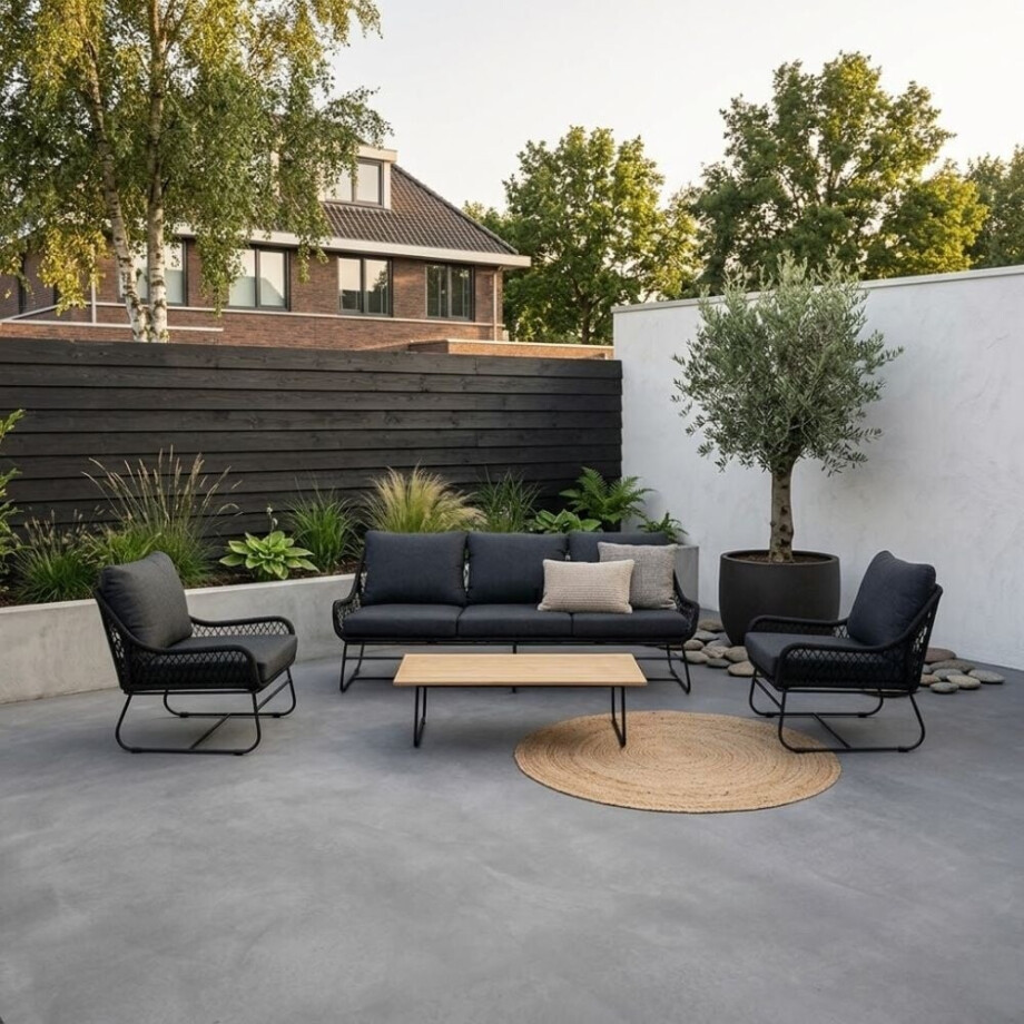 Portofino stoel-bank loungeset 5 personen | aluminium + teakhout | zwart | 4-delig afbeelding 1