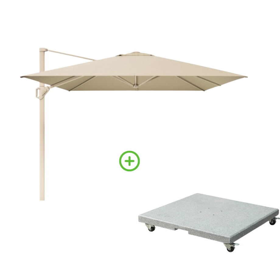 Challenger T² zweefparasol - premium doek | 350x260cm met Rocca parasolvoet 90kg | Champagne/Teak look afbeelding 1