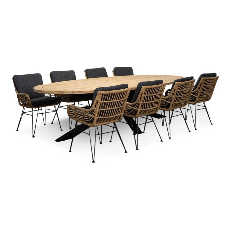 Cleve/Carlos antraciet dining tuinset | 8 personen | teakhout + wicker | 280cm ovaal afbeelding 1