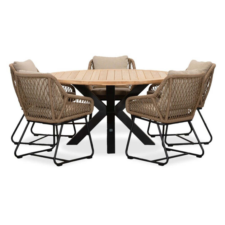 Cleve/Portofino Sahara Dust dining tuinset | 5 personen | teakhout + touw | 140cm rond afbeelding 1