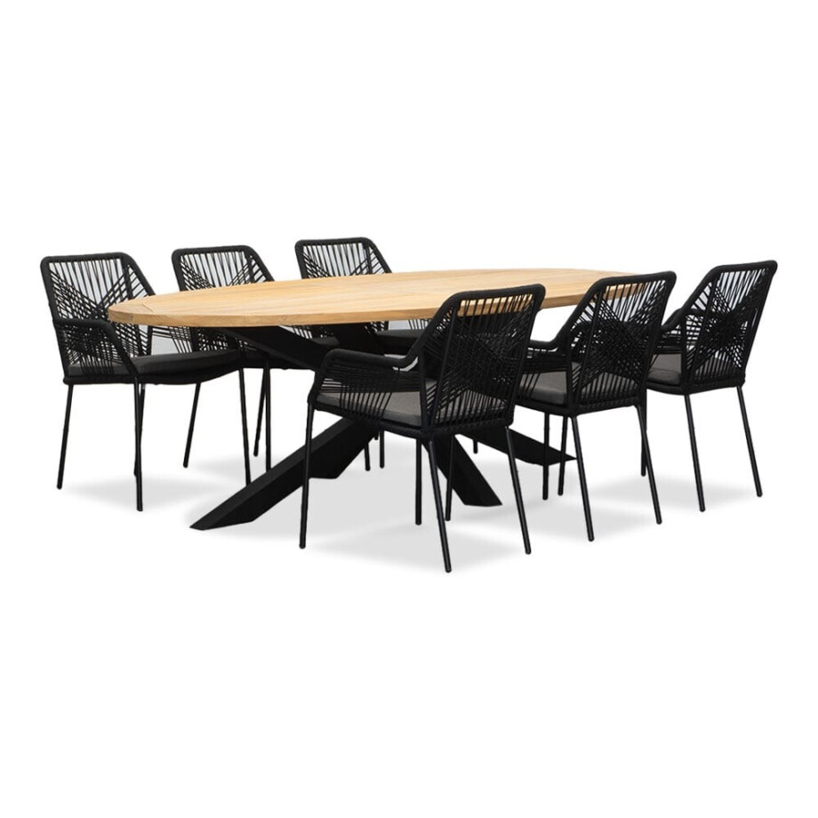 Cleve/Seville zwart dining tuinset | 6 personen | teakhout + touw | 240cm ovaal afbeelding 1