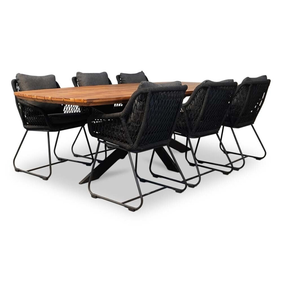 Salo/Portofino zwart dining tuinset | 6 personen | hardhout + touw | 240cm afbeelding 1