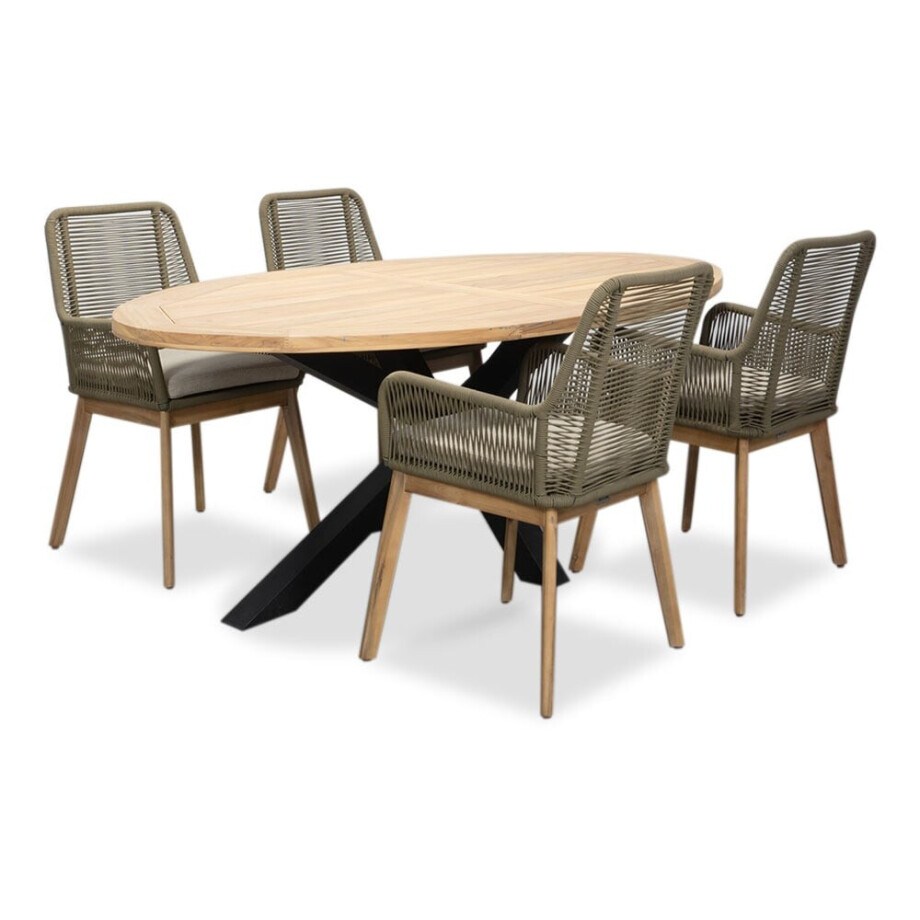 Cleve/Padua olijfgroen dining tuinset | 4 personen | teakhout + touw | 200cm ovaal Cleve/Padua olijfgroen dining tuinset | 4 personen | teakhout + touw | 200cm ovaal afbeelding 1