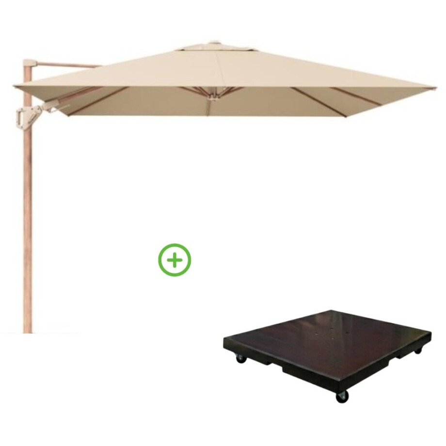 Challenger T² zweefparasol - premium doek | 300x300cm met Monza parasolvoet 90kg | Champagne/Teak look afbeelding 1