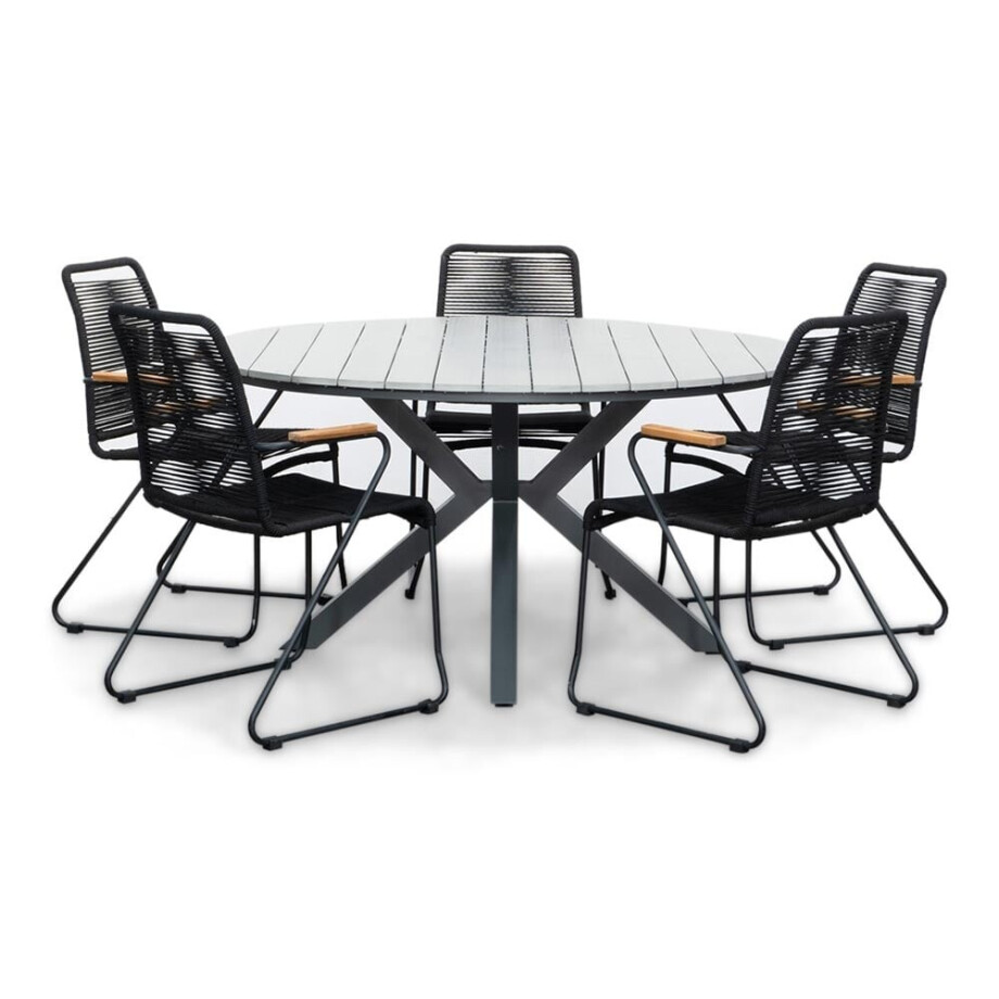 Cervo Grey/Gladys zwart dining tuinset | 5 personen | polywood + touw | 144cm rond afbeelding 1
