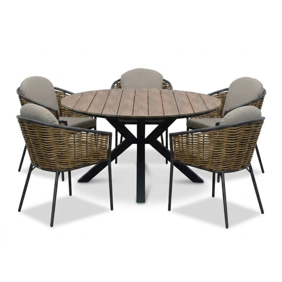 Cervo bruin/Lucca dining tuinset | 5 personen | polywood + wicker | 144cm rond Cervo bruin/Lucca dining tuinset | 5 personen | polywood + wicker | 144cm rond afbeelding 1