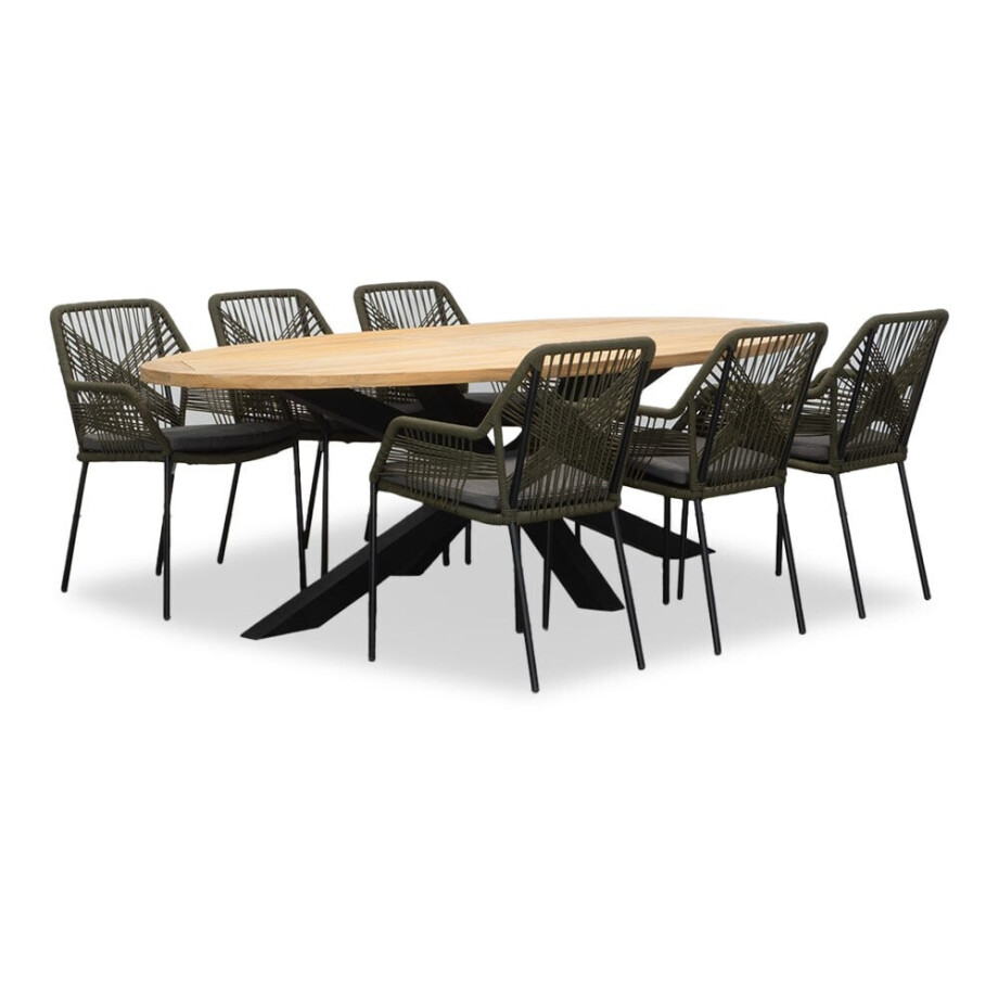 Cleve/Seville olijfgroen dining tuinset | 6 personen | teakhout + touw | 240cm ovaal afbeelding 1