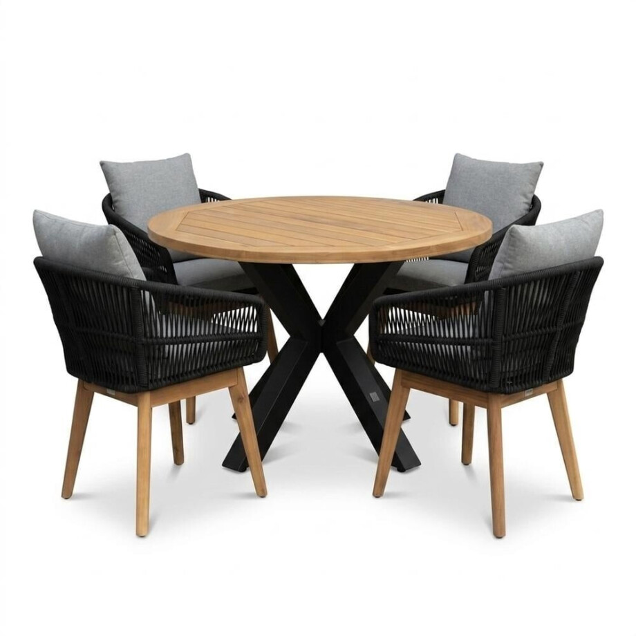 Cleve/Bella zwart dining tuinset | 4 personen | teakhout + touw | 120cm rond Cleve/Bella zwart dining tuinset | 4 personen | teakhout + touw | 120cm rond afbeelding