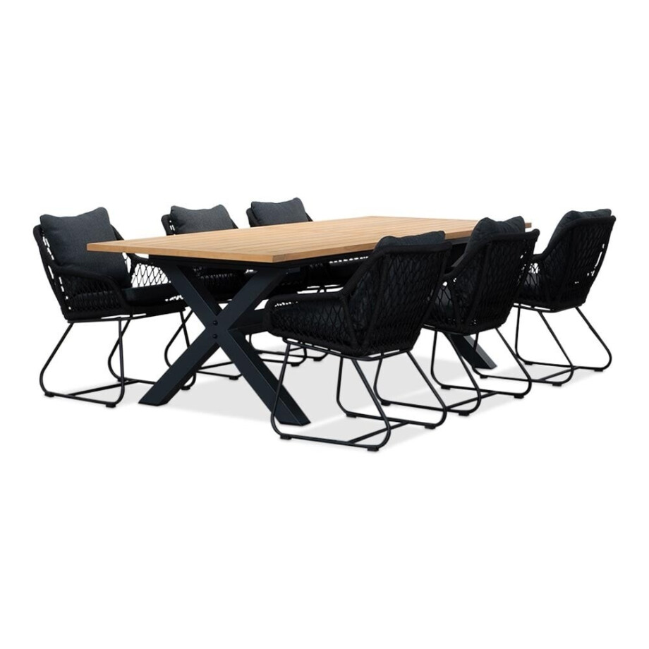 Lucan/Portofino zwart dining tuinset | 6 personen | teakhout + touw | 240cm afbeelding 1