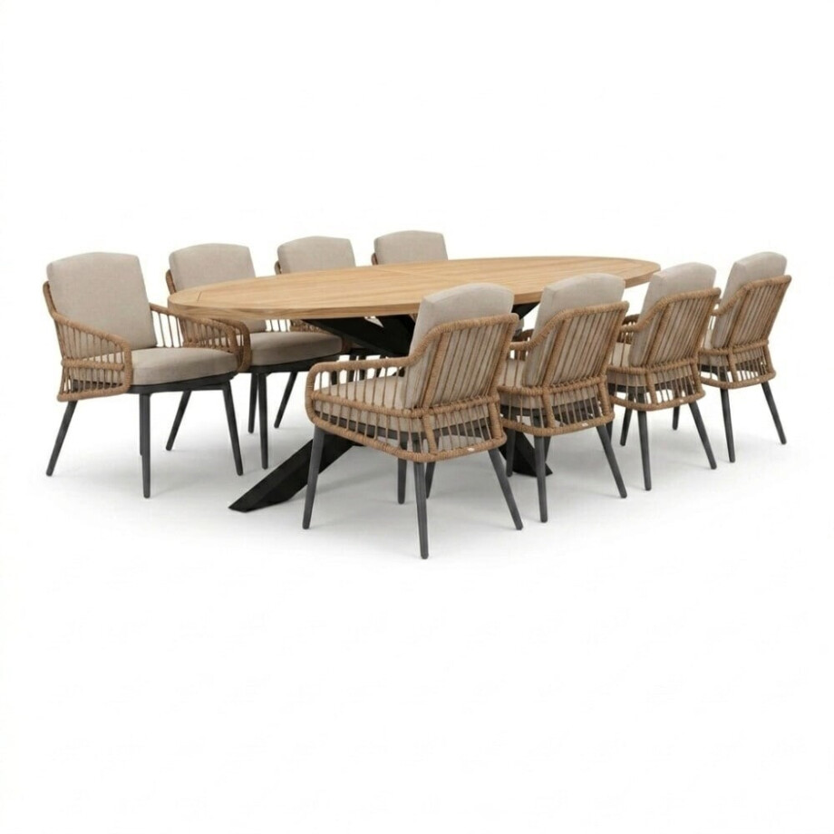 Cleve antraciet/Alicante zand dining tuinset | 8 personen | teakhout + wicker | 280cm ovaal afbeelding 1