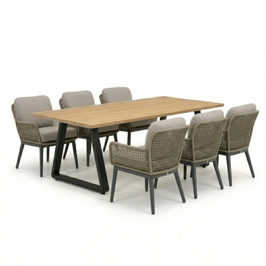 Elena/Mila beige/antraciet low dining tuinset | 6 personen | teakhout + touw | 240cm afbeelding 
