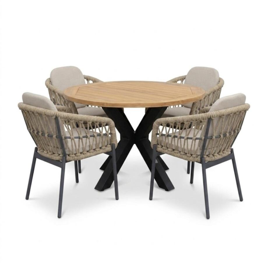 Cleve/Femke beige/antraciet dining tuinset | 4 personen | teakhout + touw | 120cm rond afbeelding 1