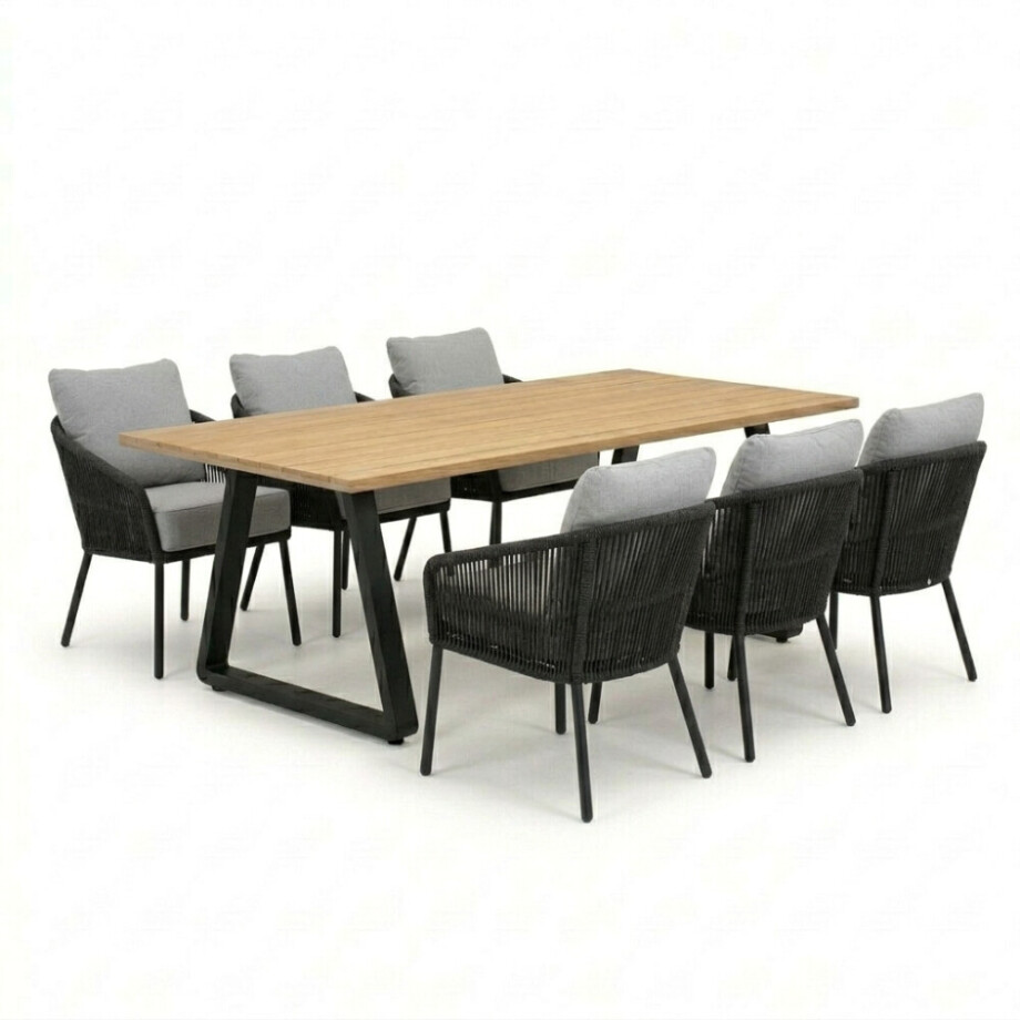 Elena/Mara Stone Grey low dining tuinset | 6 personen | teakhout + touw | 240cm afbeelding 