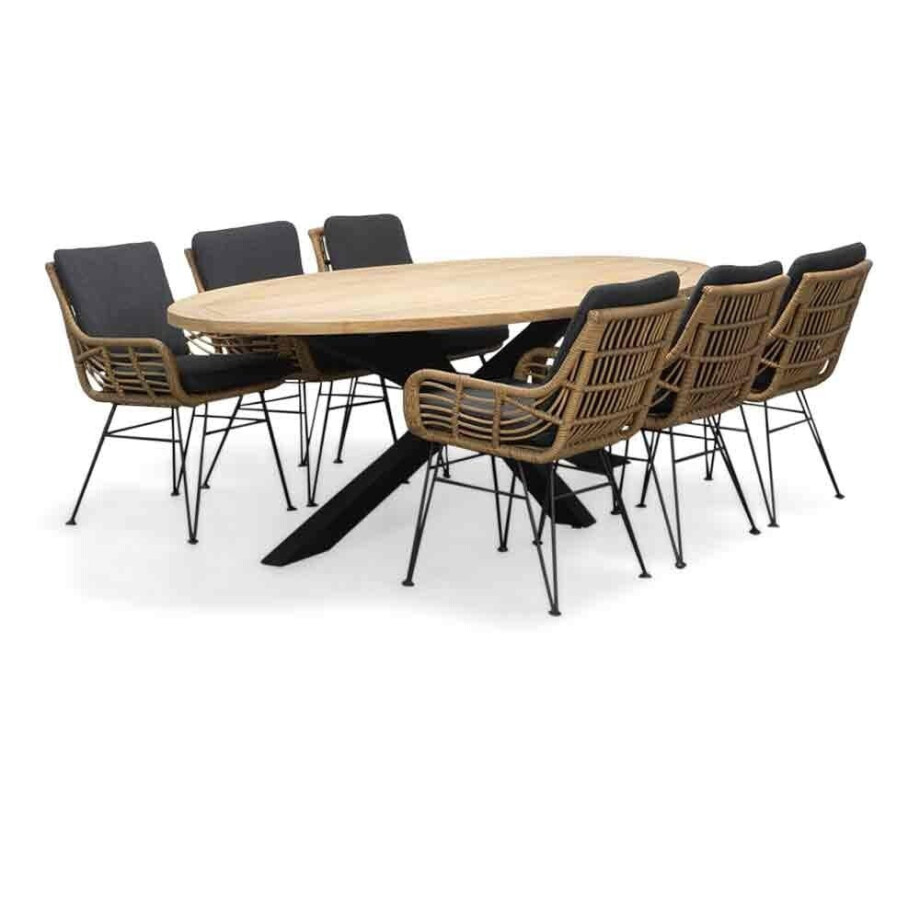 Cleve/Carlos antraciet dining tuinset | 6 personen | teakhout + wicker | 240cm ovaal afbeelding 1