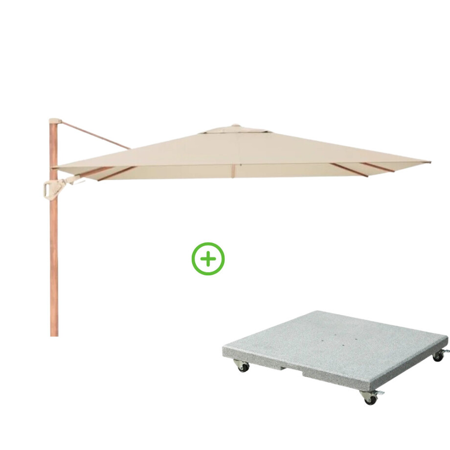 Challenger T² zweefparasol - premium doek | 260x350cm met Rocca parasolvoet 90kg | Champagne/Teak look Challenger T² zweefparasol - premium doek | 260x350cm met Rocca parasolvoet 90kg | Champagne/Teak look afbeelding 1