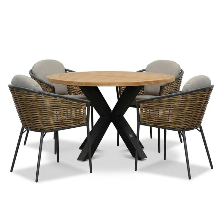 Cleve antraciet/Lucca dining tuinset | 4 personen | teakhout + wicker | 120cm rond Cleve antraciet/Lucca dining tuinset | 4 personen | teakhout + wicker | 120cm rond afbeelding 1