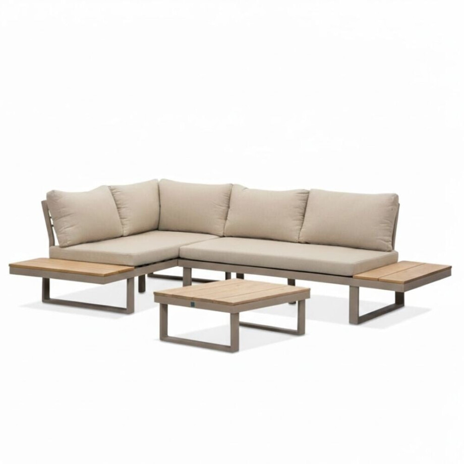 Titan hoek loungeset 4 personen | aluminium + hardhout | beige/Light teaklook | 3-delig - 247x167cm afbeelding 1