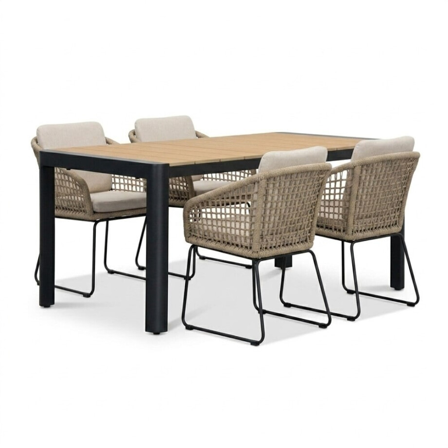 Liverpool/Tulum Sahara Dust dining tuinset | 4 personen | polywood + touw | 160cm Liverpool/Tulum Sahara Dust dining tuinset | 4 personen | polywood + touw | 160cm afbeelding 1