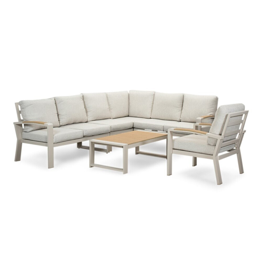 Seattle hoek loungeset met stoel 7 personen incl. tafel | aluminium + polywood | beige | 5-delig afbeelding 1