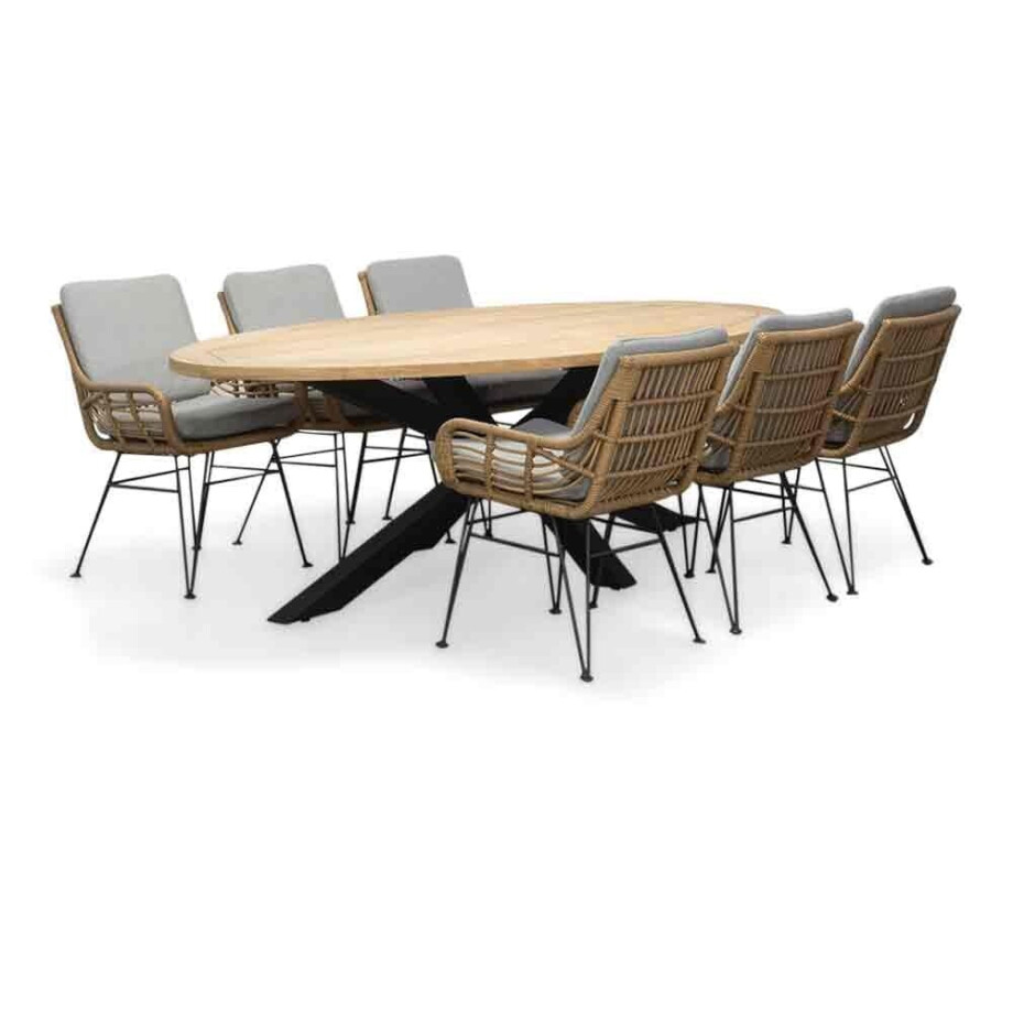 Cleve/Carlos taupe dining tuinset | 6 personen | teakhout + wicker | 240cm ovaal afbeelding 1