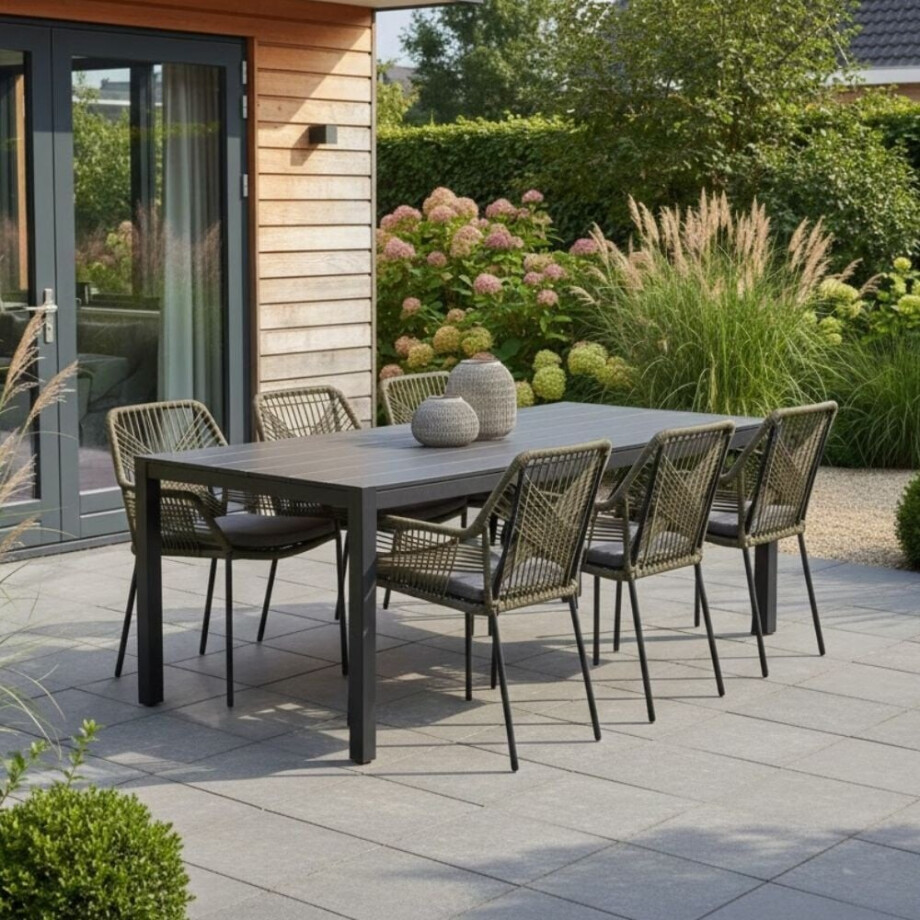 Manchester/Seville olijfgroen dining tuinset | 6 personen | aluminium + touw | 205cm afbeelding 1
