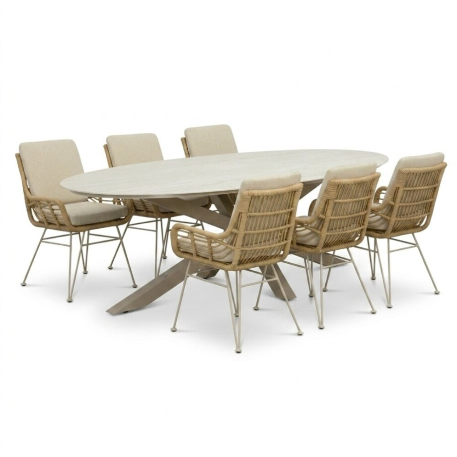 Calma/Carlos beige dining tuinset | 6 personen | sintered stone + wicker | 240cm ovaal Calma/Carlos beige dining tuinset | 6 personen | sintered stone + wicker | 240cm ovaal afbeelding 1
