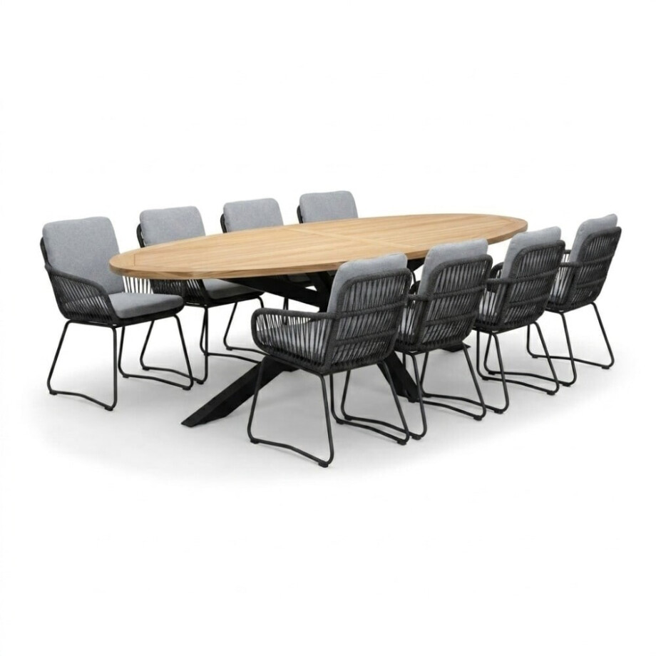 Cleve antraciet/Harper Stone Grey dining tuinset | 8 personen | teakhout + touw | 280cm ovaal Cleve antraciet/Harper Stone Grey dining tuinset | 8 personen | teakhout + touw | 280cm ovaal afbeelding 1