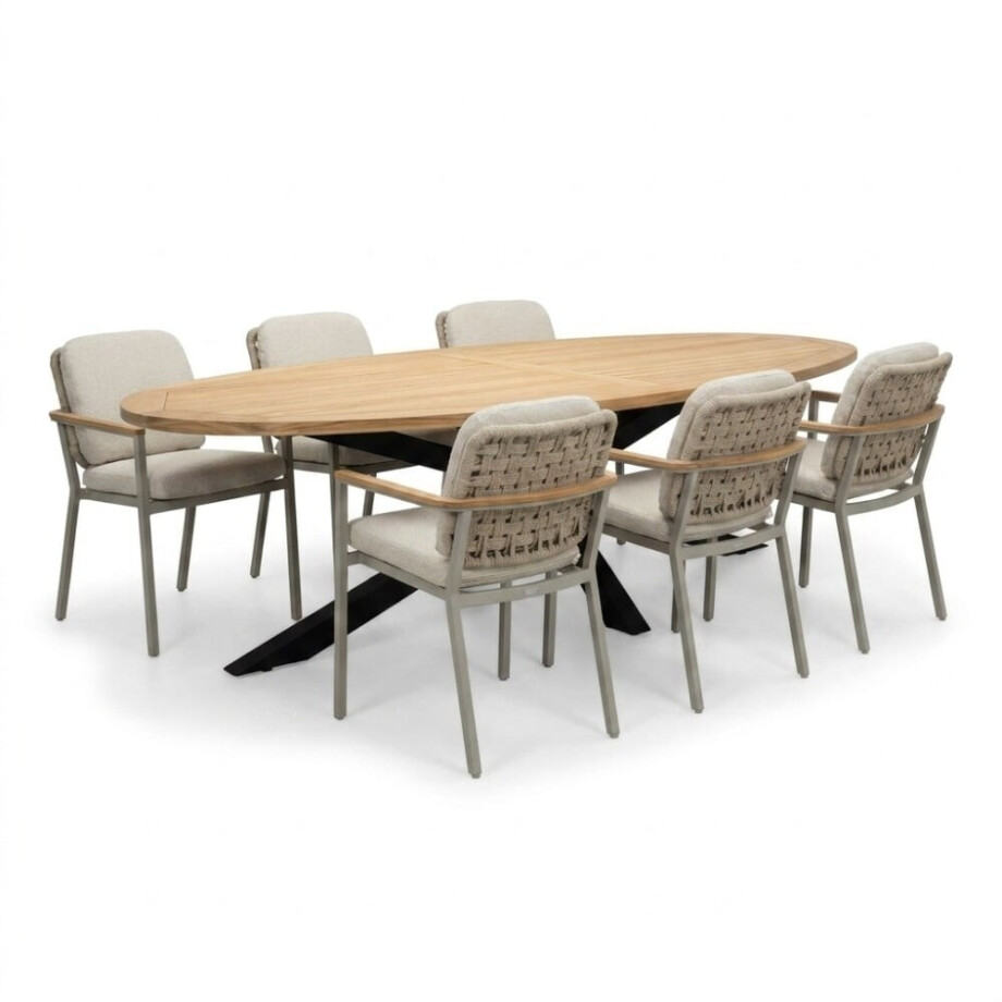 Cleve/Montana beige dining tuinset | 6 personen | teakhout + aluminium | 240cm ovaal Cleve/Montana beige dining tuinset | 6 personen | teakhout + aluminium | 240cm ovaal afbeelding 1
