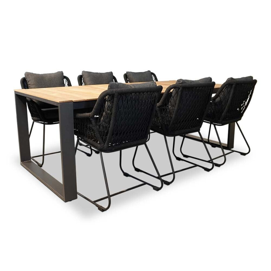 Atlanta/Portofino zwart dining tuinset | 6 personen | teakhout + touw | 218cm afbeelding 1