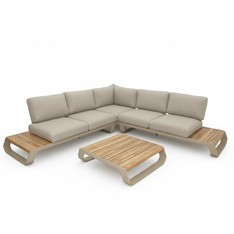 Palm Springs hoek loungeset 5 personen | aluminium + hardhout | beige | 3-delig - 267x267cm Palm Springs hoek loungeset 5 personen | aluminium + hardhout | beige | 3-delig - 267x267cm afbeelding 1