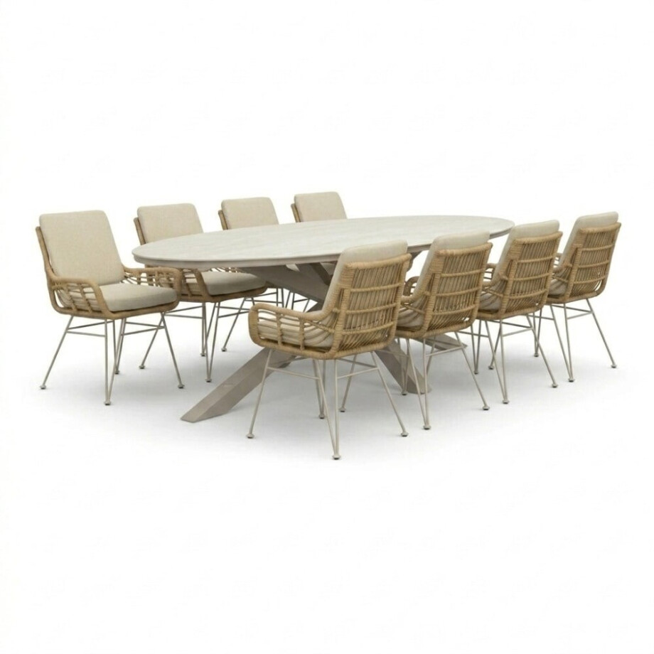 Calma/Carlos beige dining tuinset | 8 personen | sintered stone + wicker | 280cm ovaal Calma/Carlos beige dining tuinset | 8 personen | sintered stone + wicker | 280cm ovaal afbeelding 1