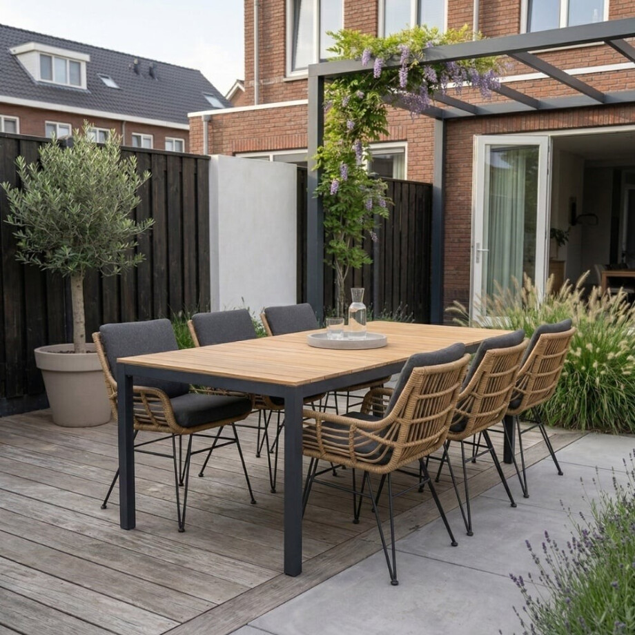 Delta/Carlos antraciet dining tuinset | 6 personen | teakhout + wicker | 220cm afbeelding 1