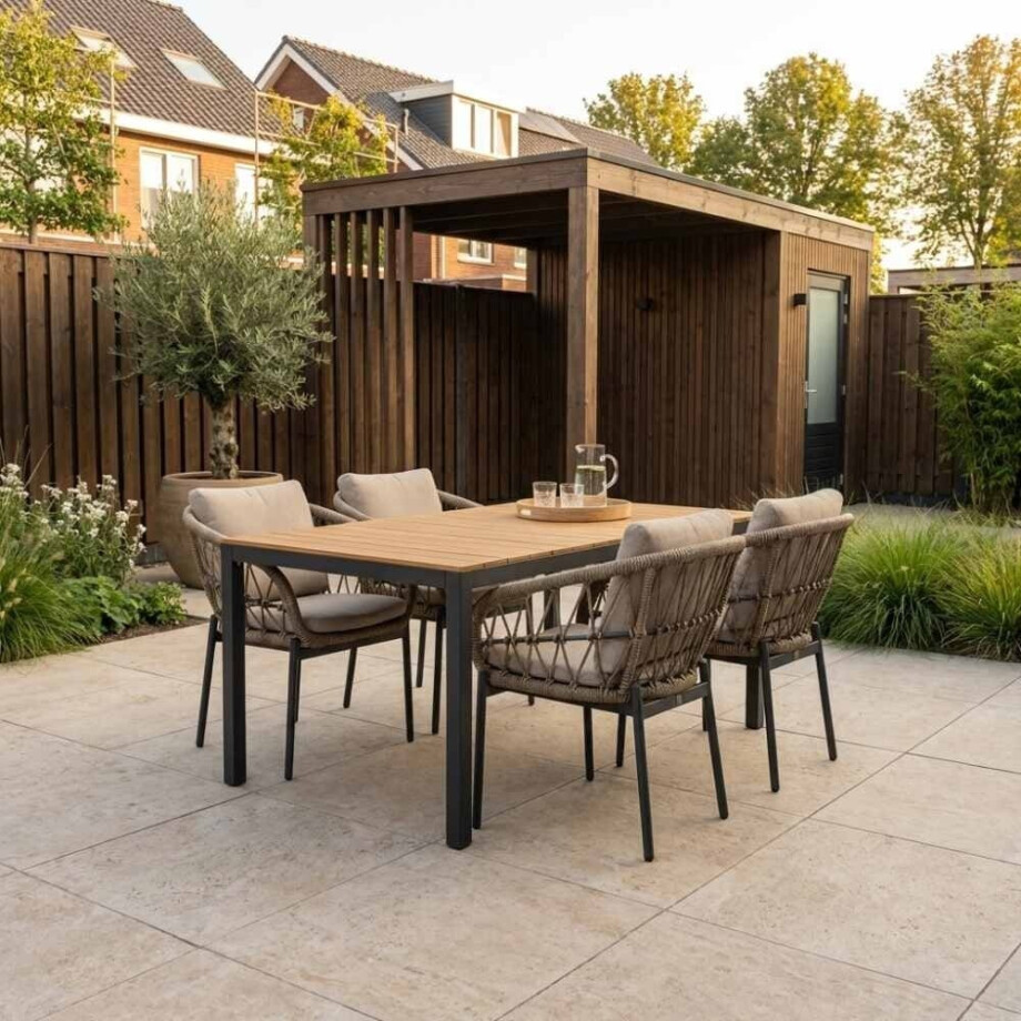 Delta/Dakota beige/antraciet dining tuinset | 4 personen | teakhout + touw | 160cm afbeelding 1
