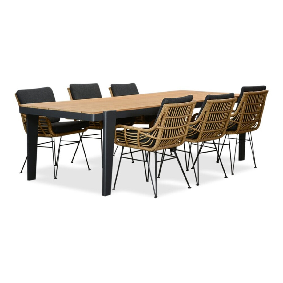Vigo/Carlos antraciet dining tuinset | 6 personen | teakhout + wicker | 260cm afbeelding 1