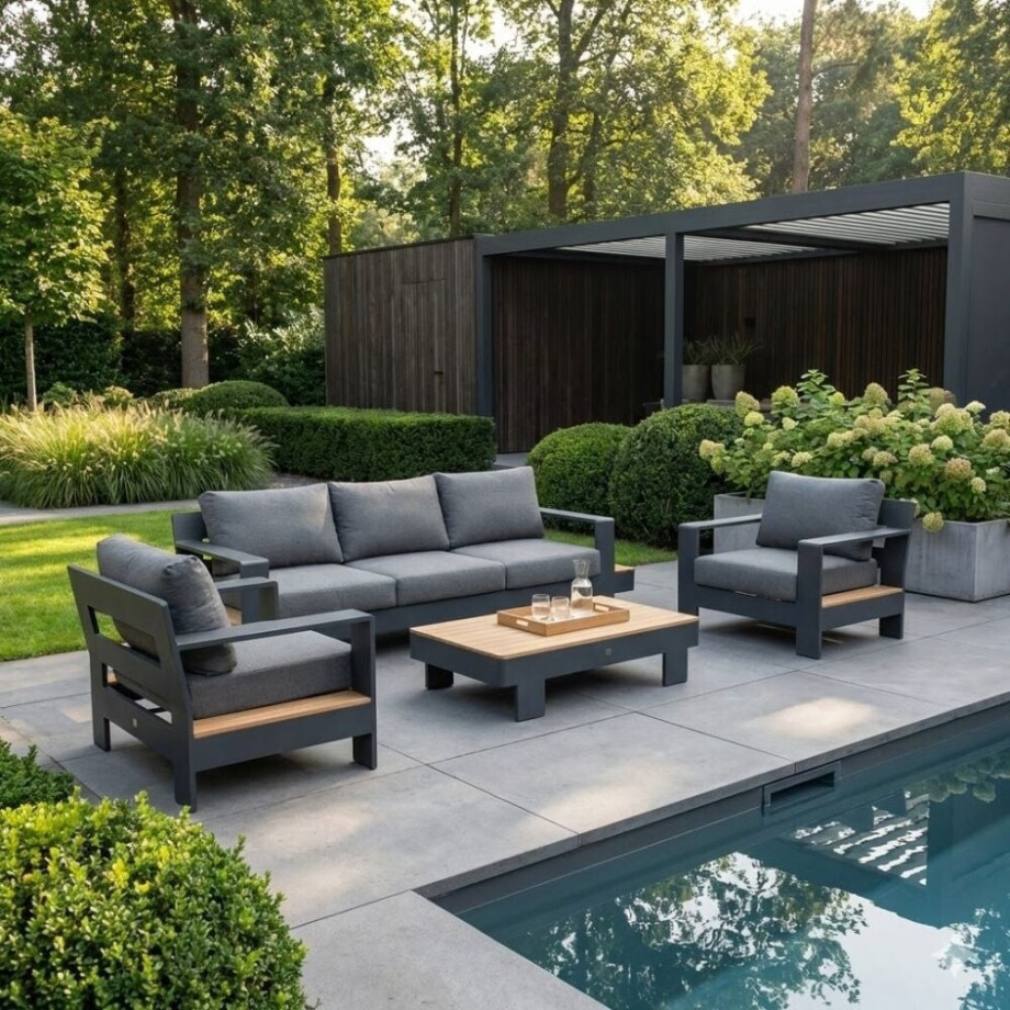 Riviera stoel-bank loungeset 5 personen | aluminium + teak | antraciet | 4-delig afbeelding 1
