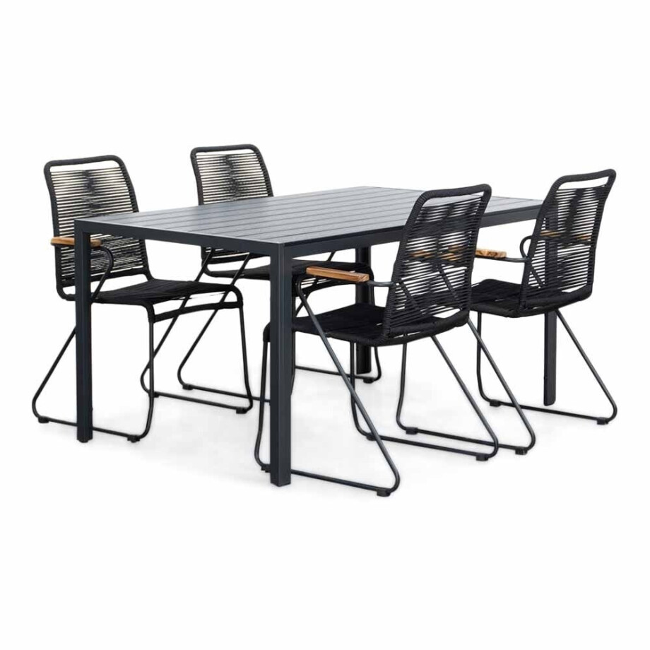 Manchester/Gladys zwart dining tuinset | 4 personen | aluminium + touw | 150cm afbeelding 1