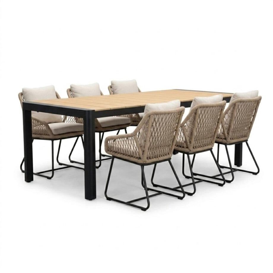 Liverpool/Portofino Sahara Dust dining tuinset | 6 personen | polywood + touw | 205cm afbeelding 1