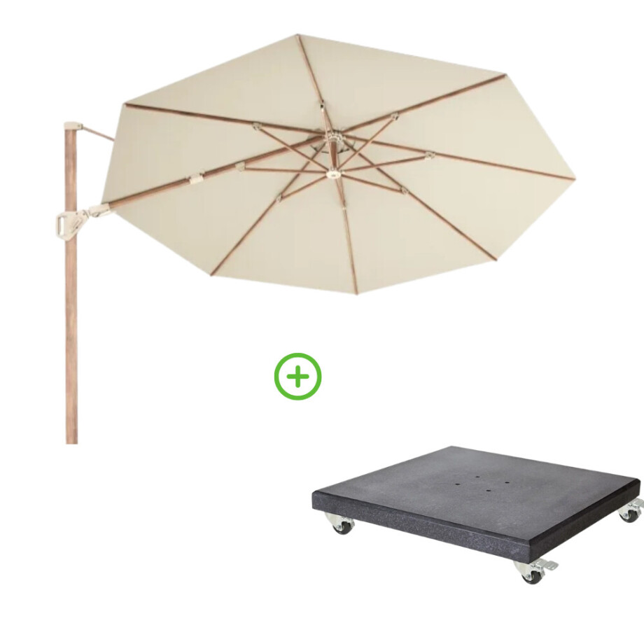 Challenger T² zweefparasol - premium doek | Ø350cm rond met Modena parasolvoet 120kg | Champagne/Teak look afbeelding 
