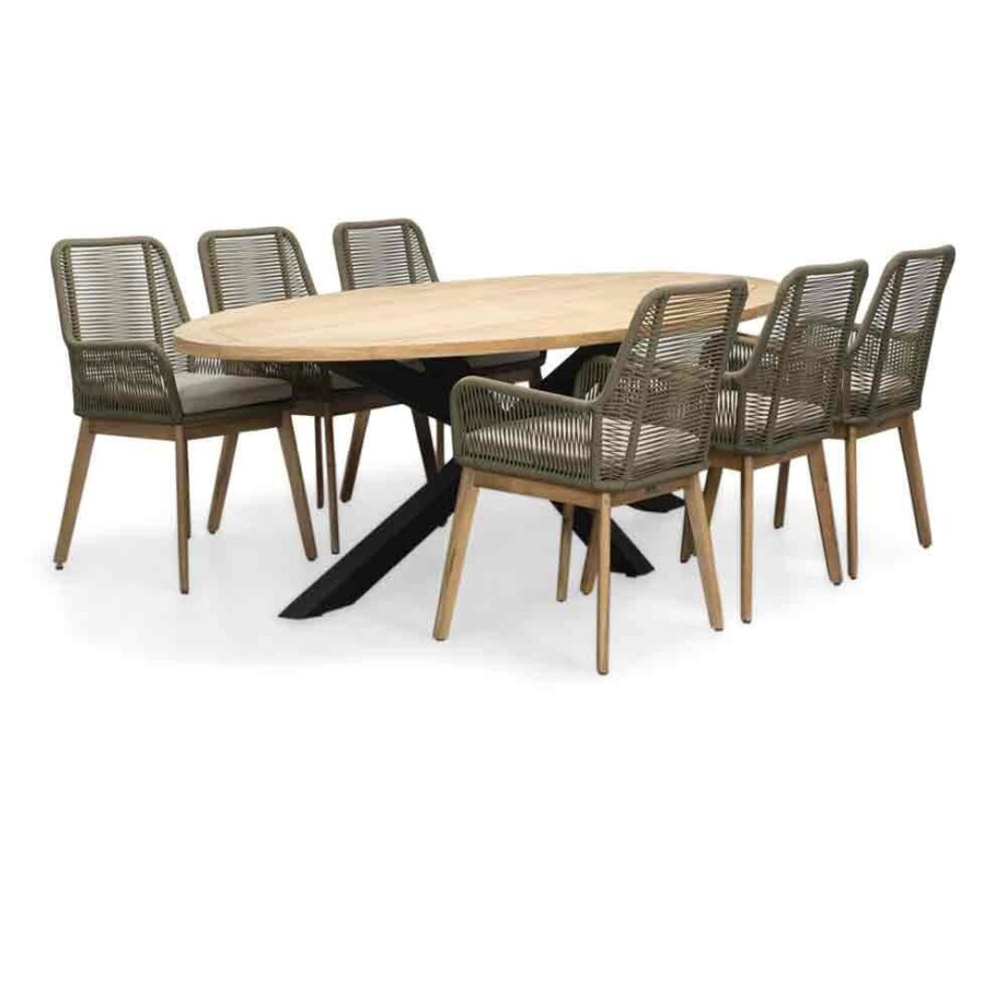 Cleve/Padua olijfgroen dining tuinset | 6 personen | teakhout + touw | 240cm ovaal afbeelding 1