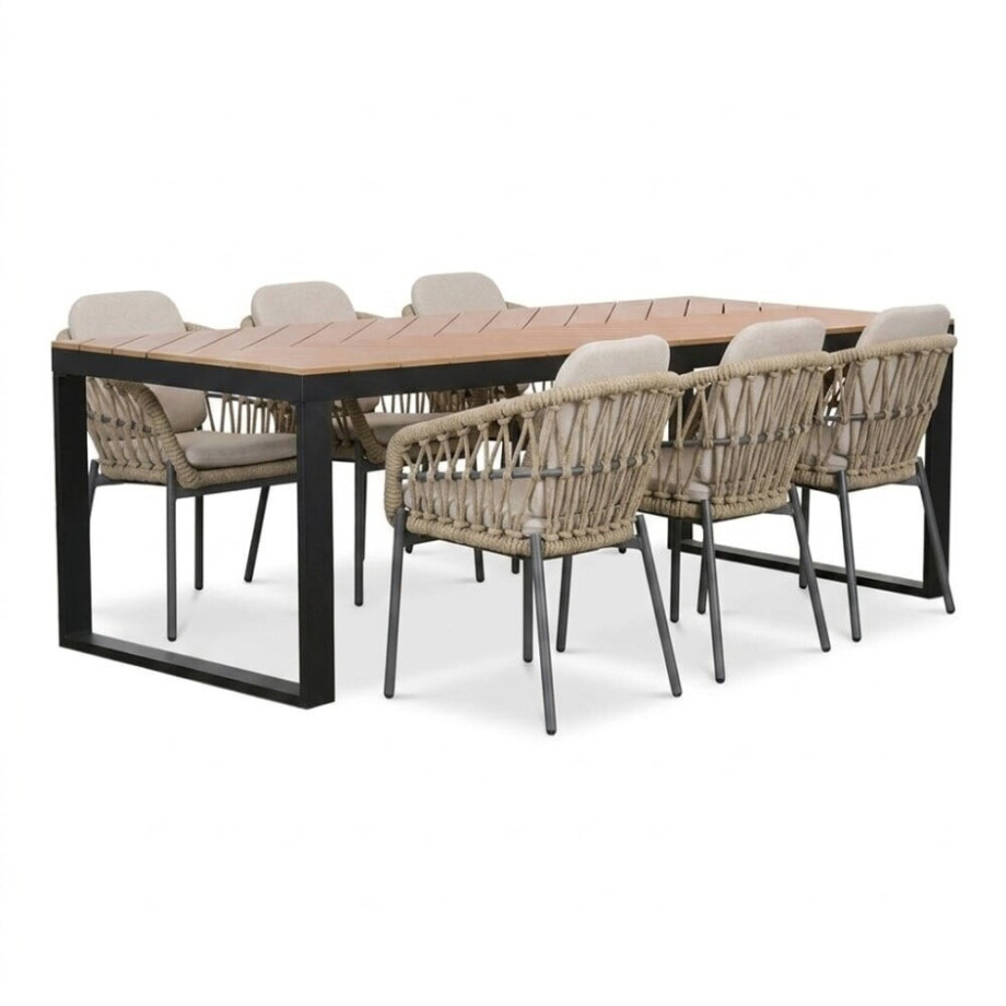 Kampa/Femke beige/antraciet dining tuinset | 6 personen | polywood + touw | 210cm afbeelding 1