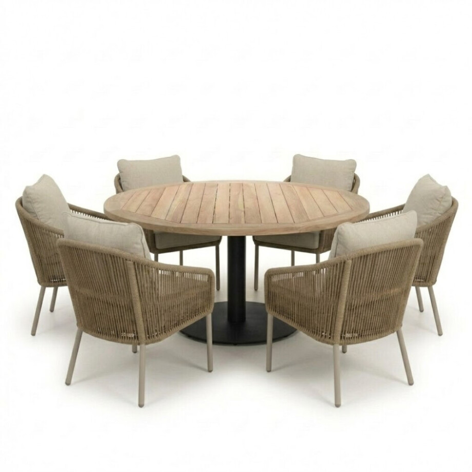 Ventura antraciet/Mara Sahara Dust low dining tuinset | 6 personen | teakhout + touw | 150cm rond afbeelding 