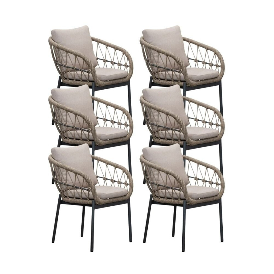 Dakota dining tuinstoel set van 6 | touw + aluminium | beige/antraciet Dakota dining tuinstoel set van 6 | touw + aluminium | beige/antraciet afbeelding 1