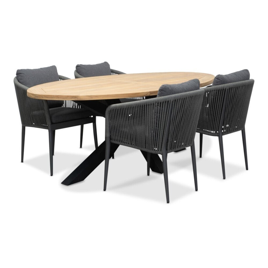 Cleve/Orlando antraciet dining tuinset | 4 personen | teakhout + touw | 200cm ovaal afbeelding 1
